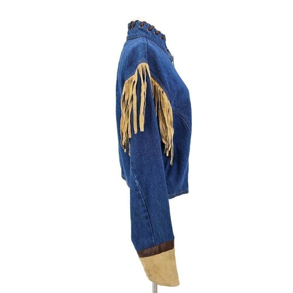 VTG Accents on Outerwear Denim Jacket Womens Large Suede Leather Fringe Western - Picture 3 of 5